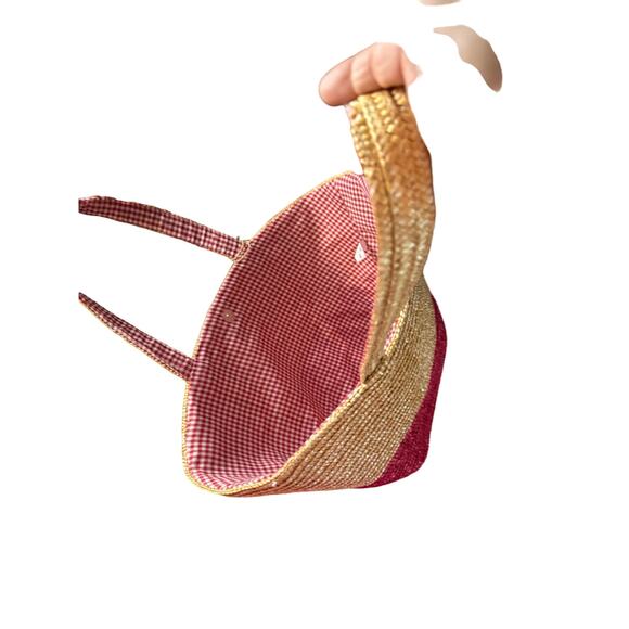 Straw Studios Straw/Wicker Tote hand bag  Carryall Checkered Lining EUC 16” X 11 - Picture 3 of 4